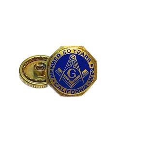 Masonic LAPEL PIN G Member 50 Years F&AM Free Masons 10k Gold and Blue Enamel